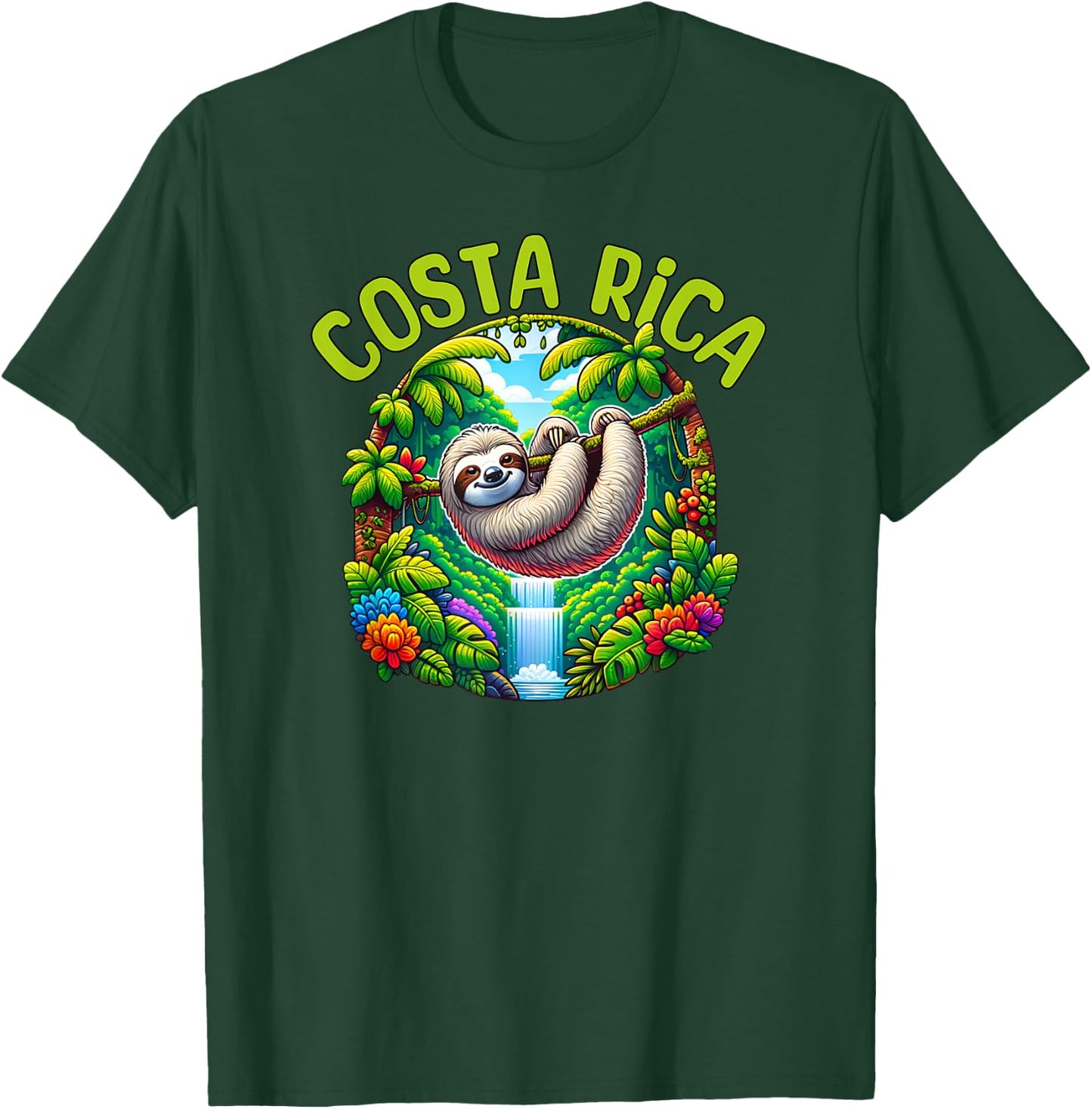 Costa Rica Sloth - Tropical Rainforest Waterfall Travel Fun T-Shirt - T-Shirt | Forest