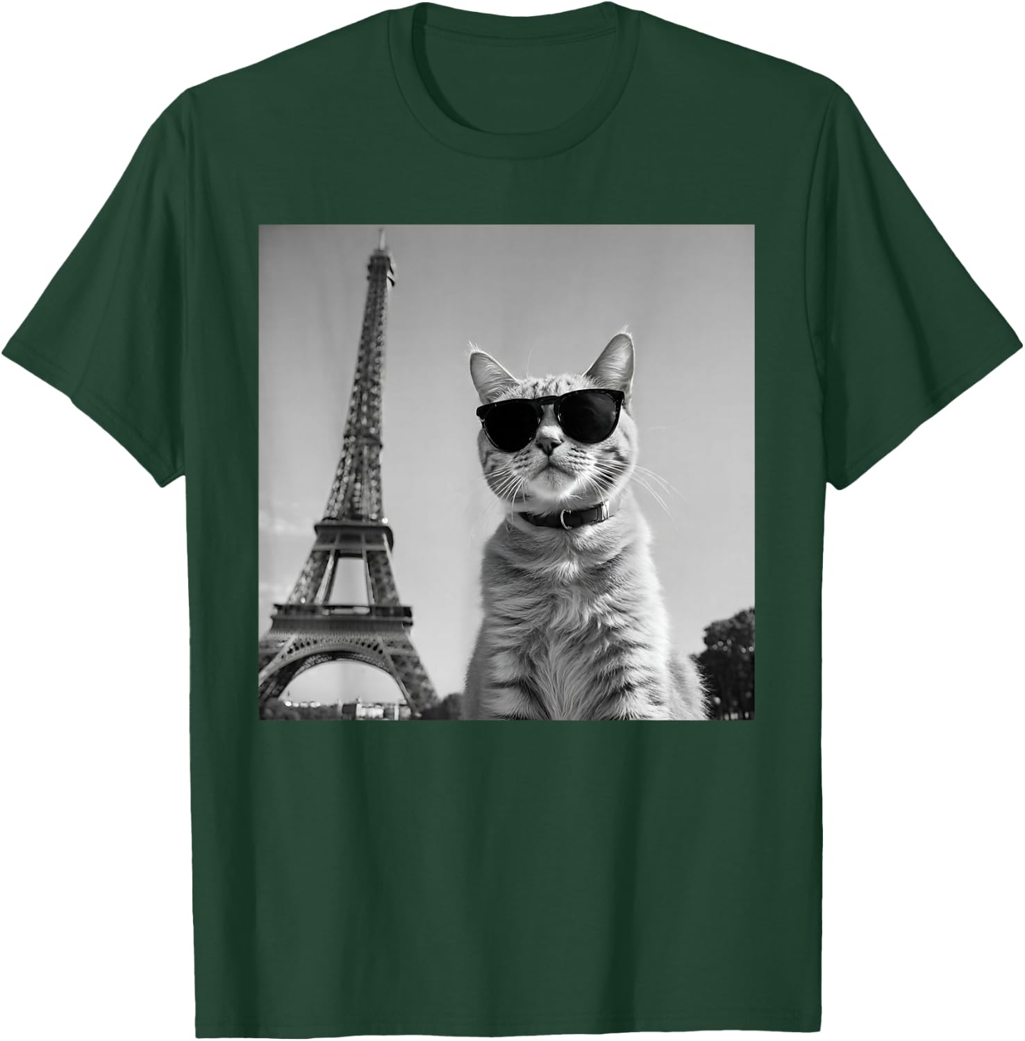 Funny French Cat with Sunglasses and Paris Eiffel Tower , black T-Shirt - T-Shirt | Forest