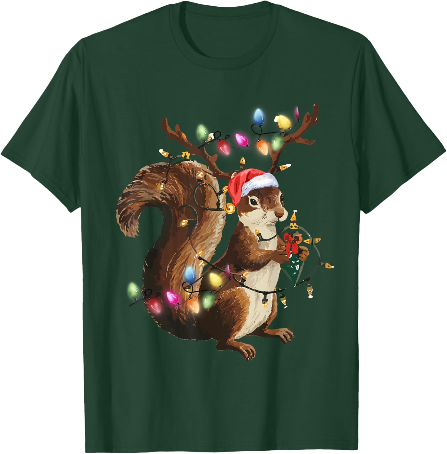 Funny Squirrel Christmas Tree Lights Reindeer Santa Hat Xmas T-Shirt - T-Shirt | Forest