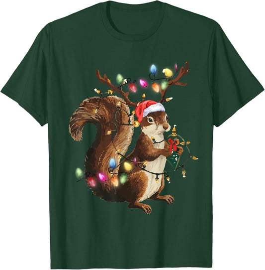 Funny Squirrel Christmas Tree Lights Reindeer Santa Hat Xmas T-Shirt - T-Shirt | Forest