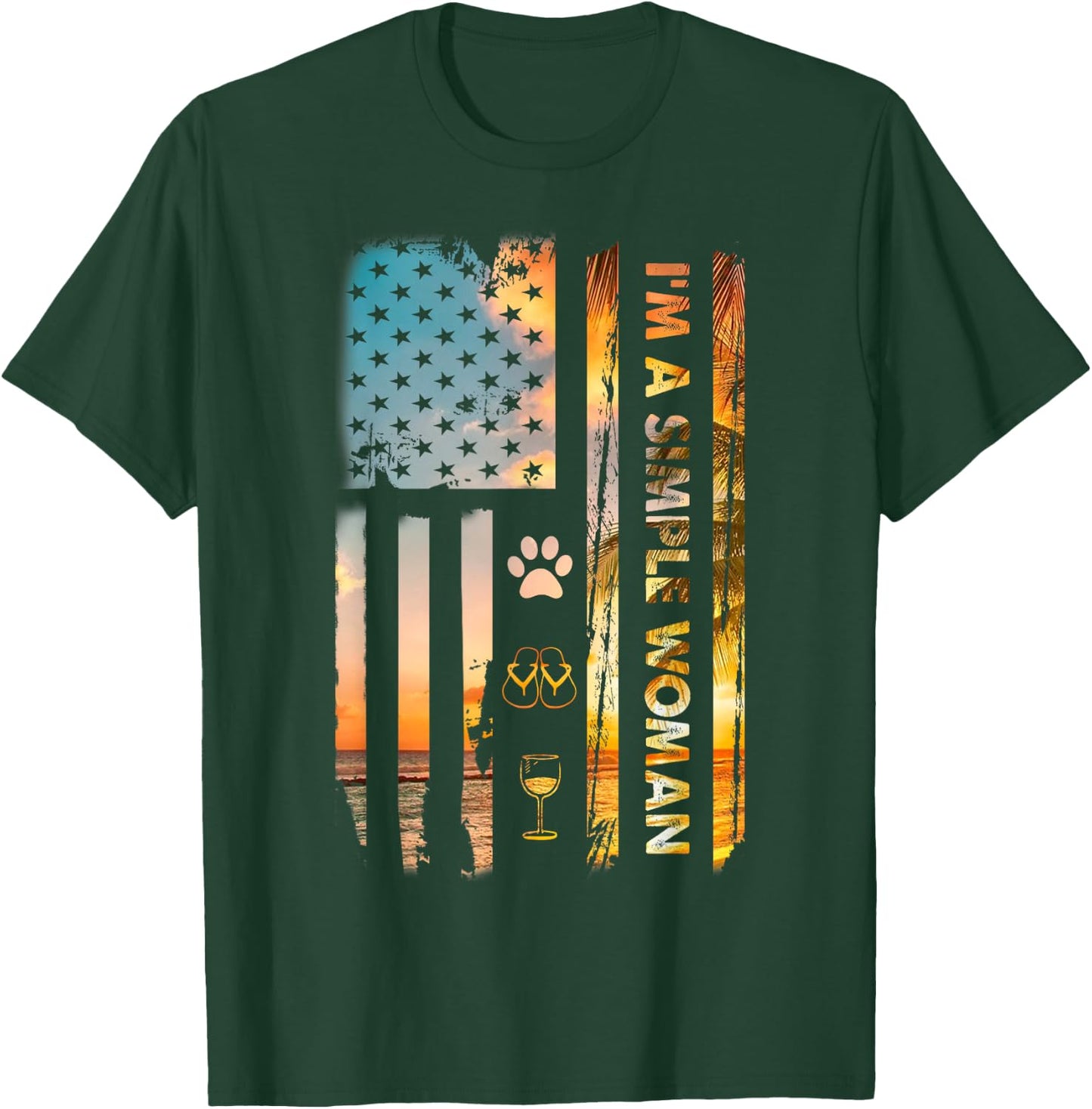 I'm A Simple Woman Camping Wine Flip Flops Love Dog USA Flag T-Shirt - T-Shirt | Forest