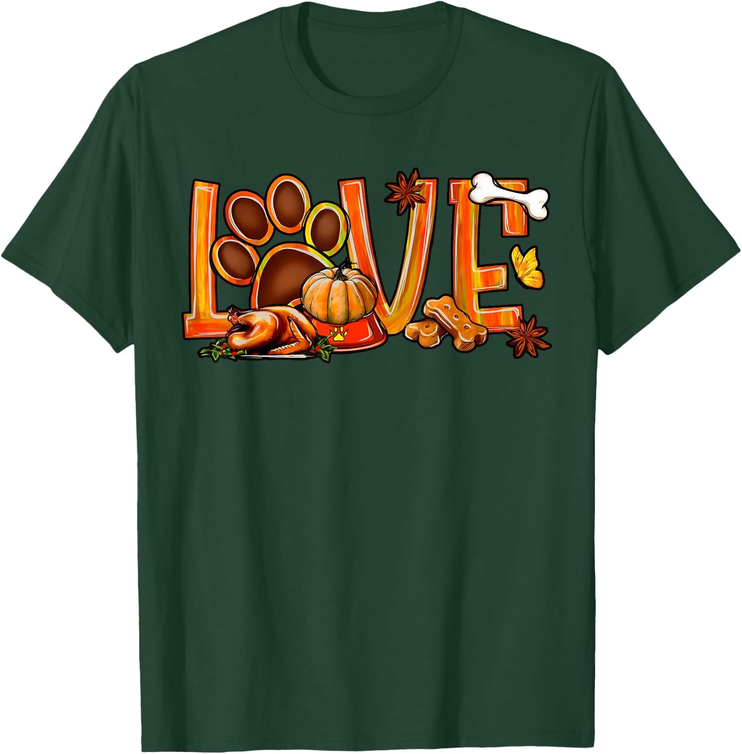 Love Dog Paw Print Turkey Pumpkin Fall Autumn Thanksgiving Men Women Girls Kids T-Shirt - T-Shirt | Forest