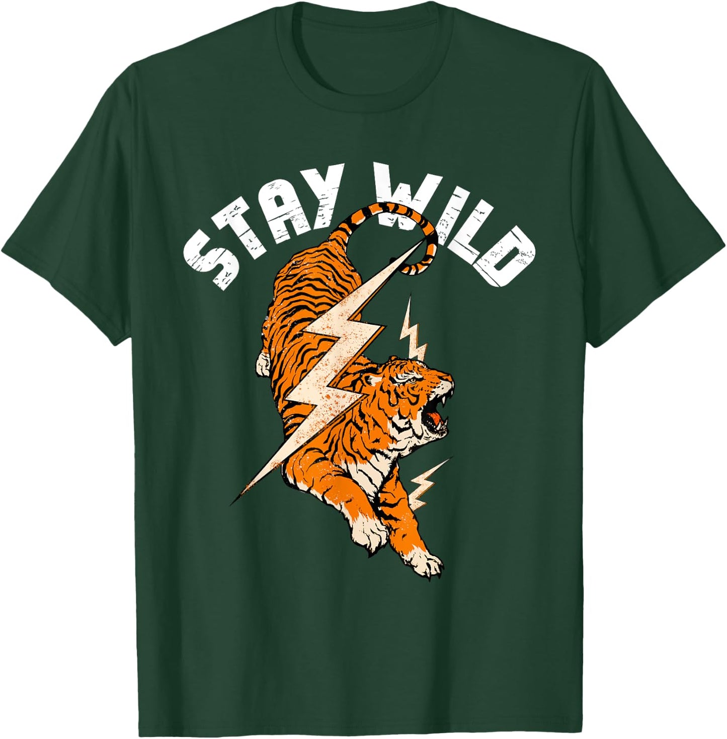 Stay Wild Tiger Cool Tiger & Lightning Bolt Retro Distressed T-Shirt - T-Shirt | Forest