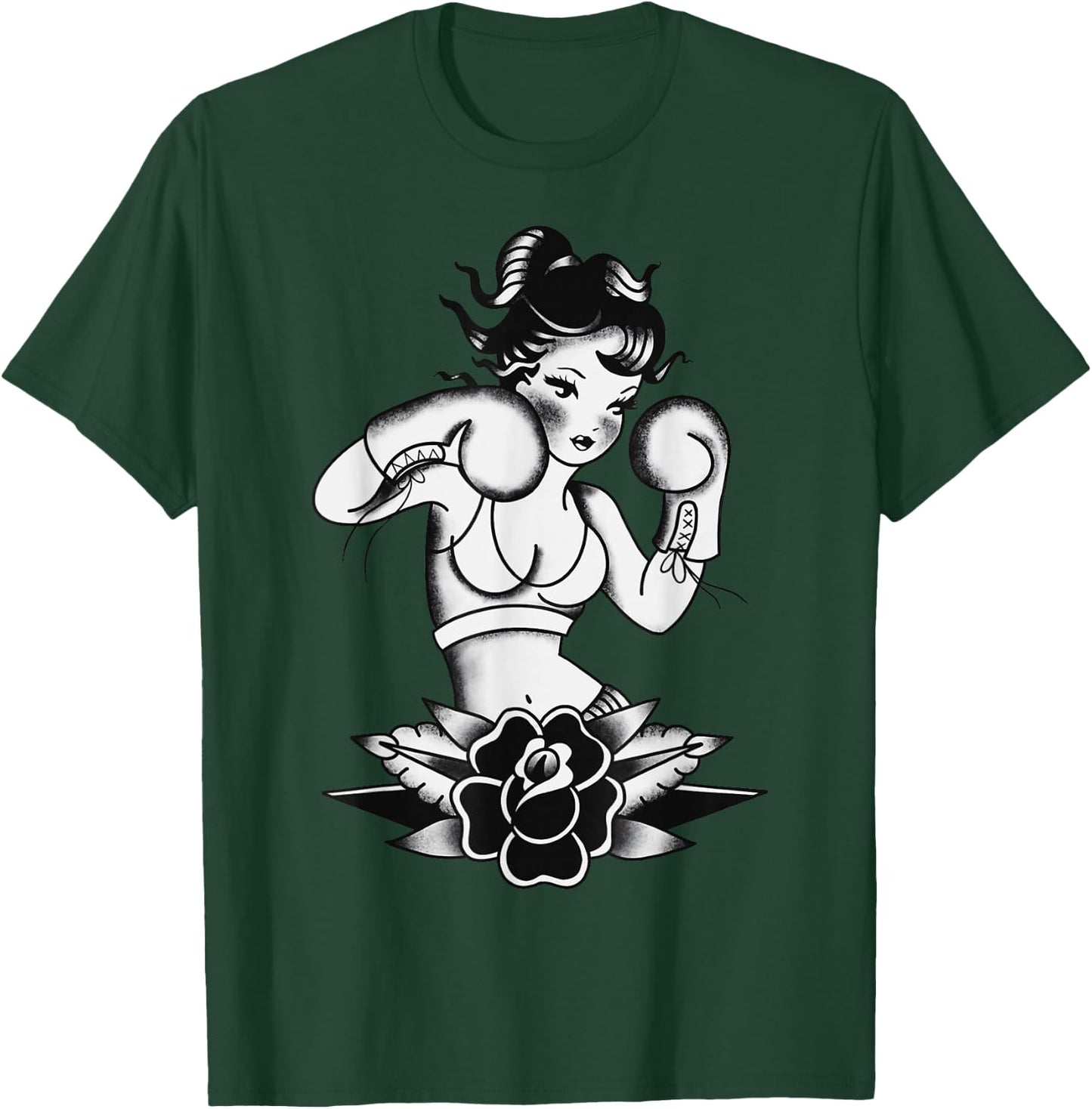 Traditional Boxer Girl Pin-Up Pretty Girl Blackwork T-Shirt - T-Shirt | Forest