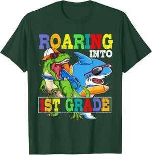 Roaring 1st Grade Dinosaur Shark Back to School Boys Kids T-Shirt - T-Shirt | Forest