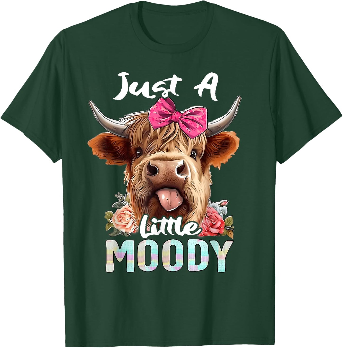 Highland Cow Just A Little Moody Pink Bow Funny Farmer Women T-Shirt - T-Shirt | Forest