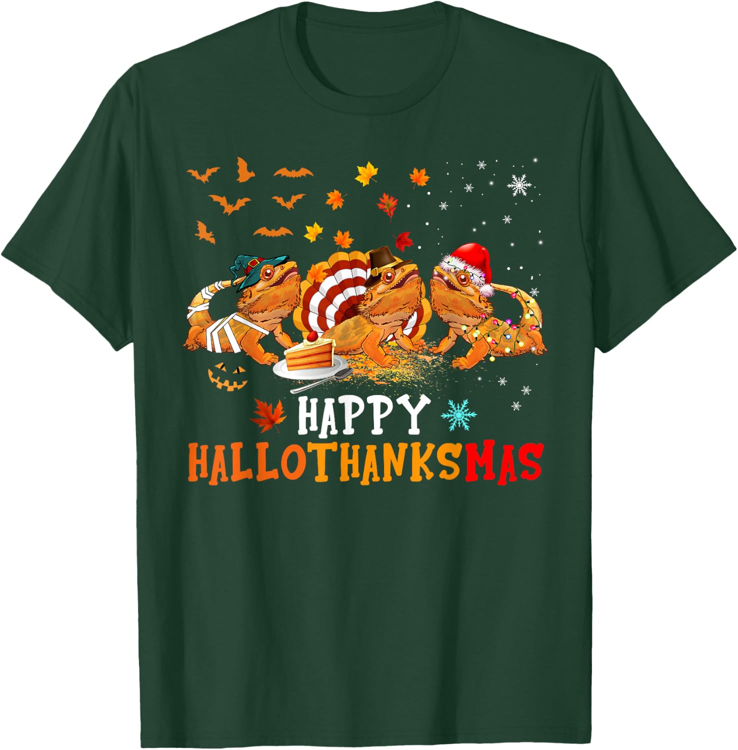 Happy HalloThanksMas Cute Santa Witch Turkey Bearded Dragon T-Shirt - T-Shirt | Forest
