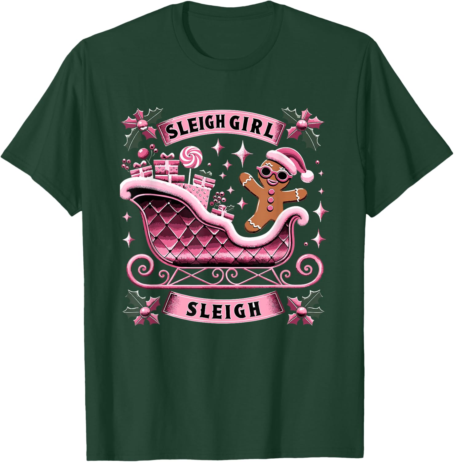 Groovy Pink Christmas Candy Sleigh Girl Gingerbread Holiday T-Shirt - T-Shirt | Forest
