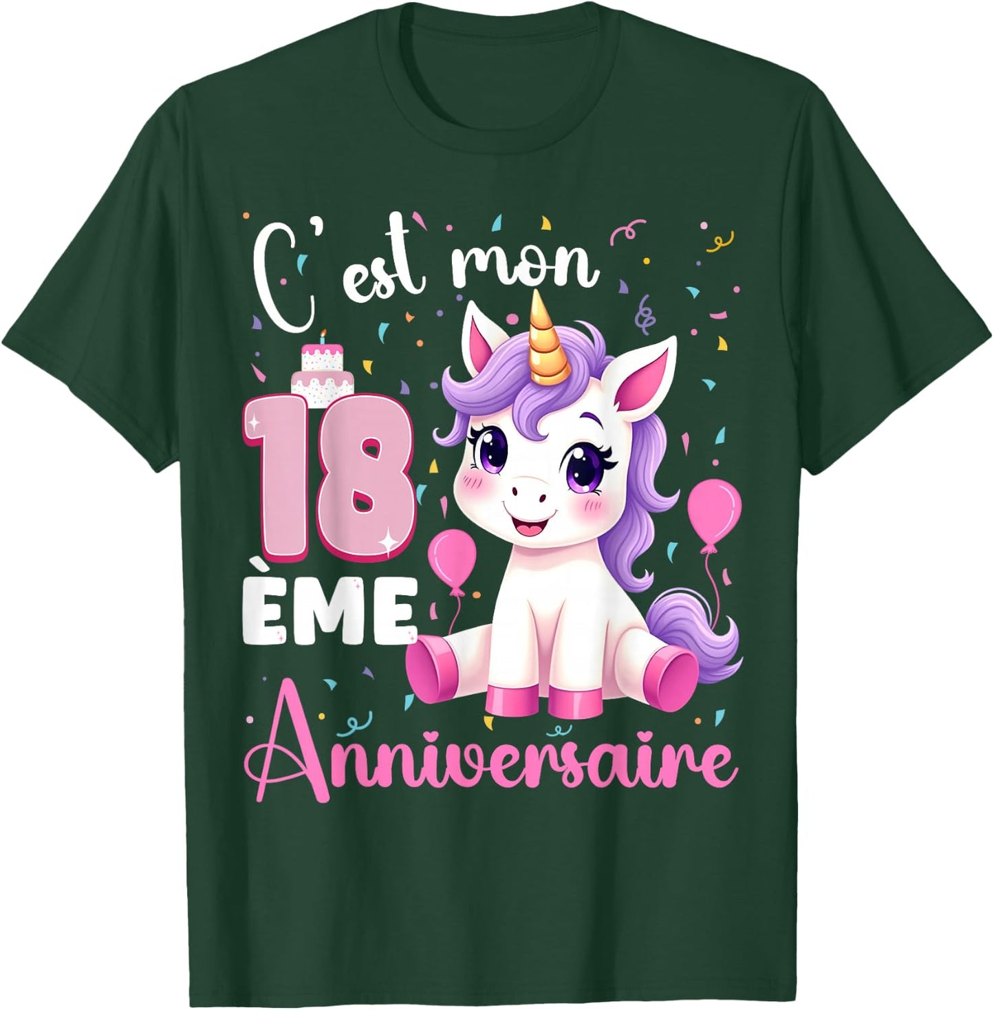 Cute Unicorn C'est Mon 18th Birthday 18 Years Old Girl , Black, S T-Shirt - T-Shirt | Forest