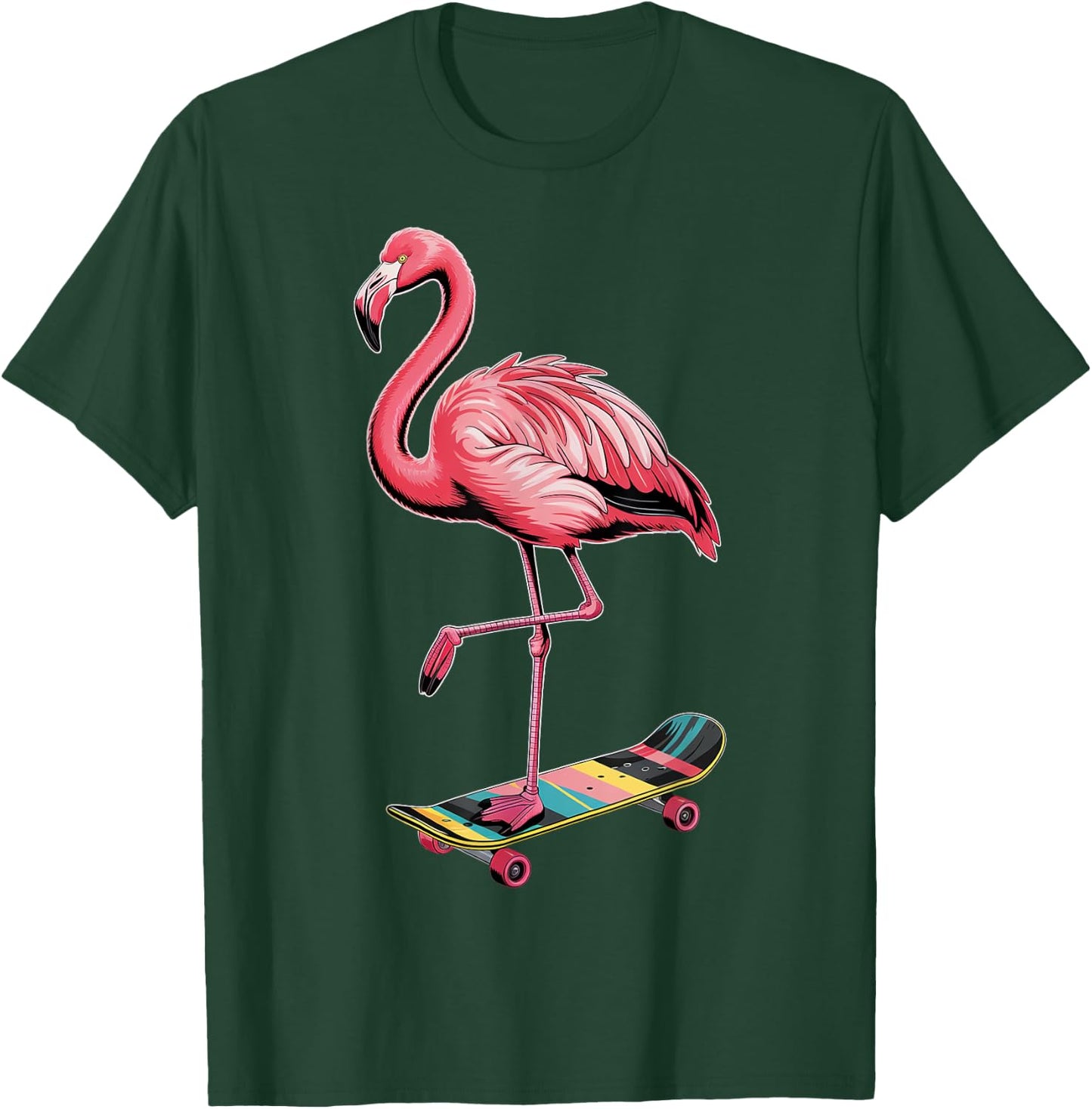 Stylish Flamingo Skateboard Enthusiast T-Shirt - T-Shirt | Forest