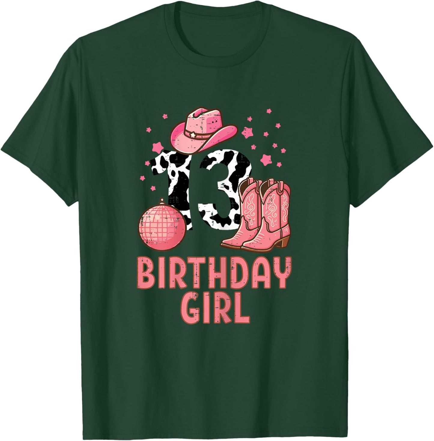 13th Birthday Cow Pattern Cowgirl 13 Year Old Bday Girls T-Shirt - T-Shirt | Forest