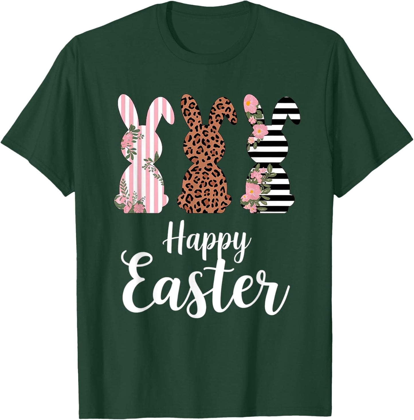 Happy easter Bunny Cute Pink Leopard Plaid Flower Bunny T-Shirt - T-Shirt | Forest