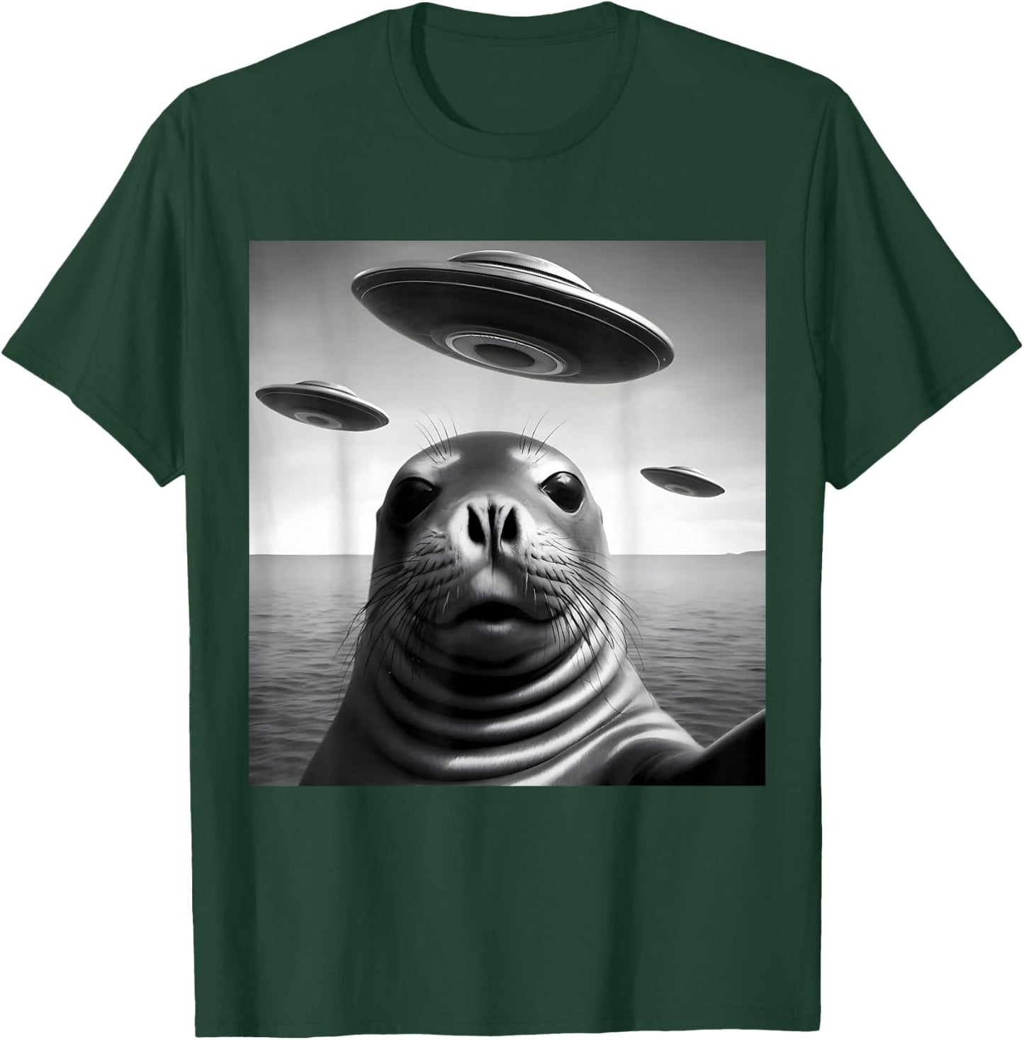 Funny Alien UFO Design Cute Seal Alien Encounter T-Shirt - T-Shirt | Forest