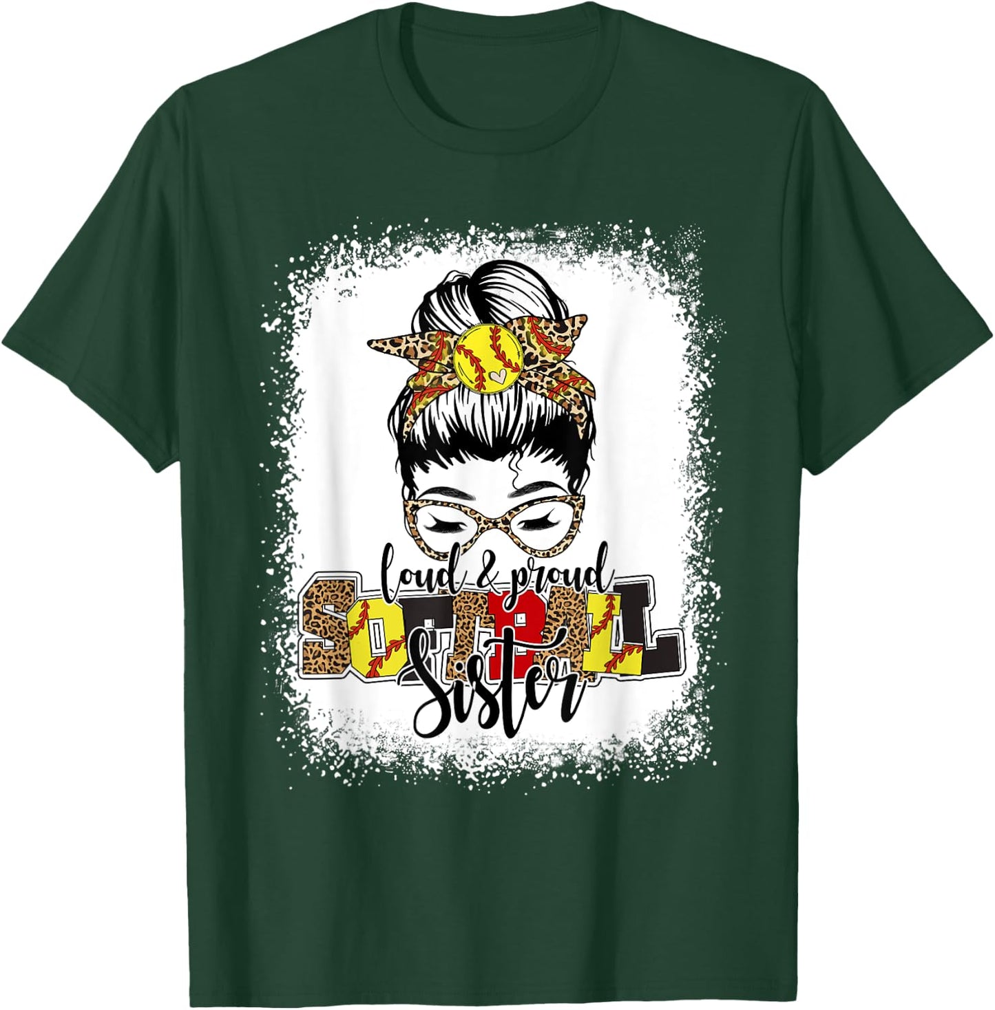 Bleached Softball Sister Leopard Messy Bun Funny Mothers Day T-Shirt - T-Shirt | Forest
