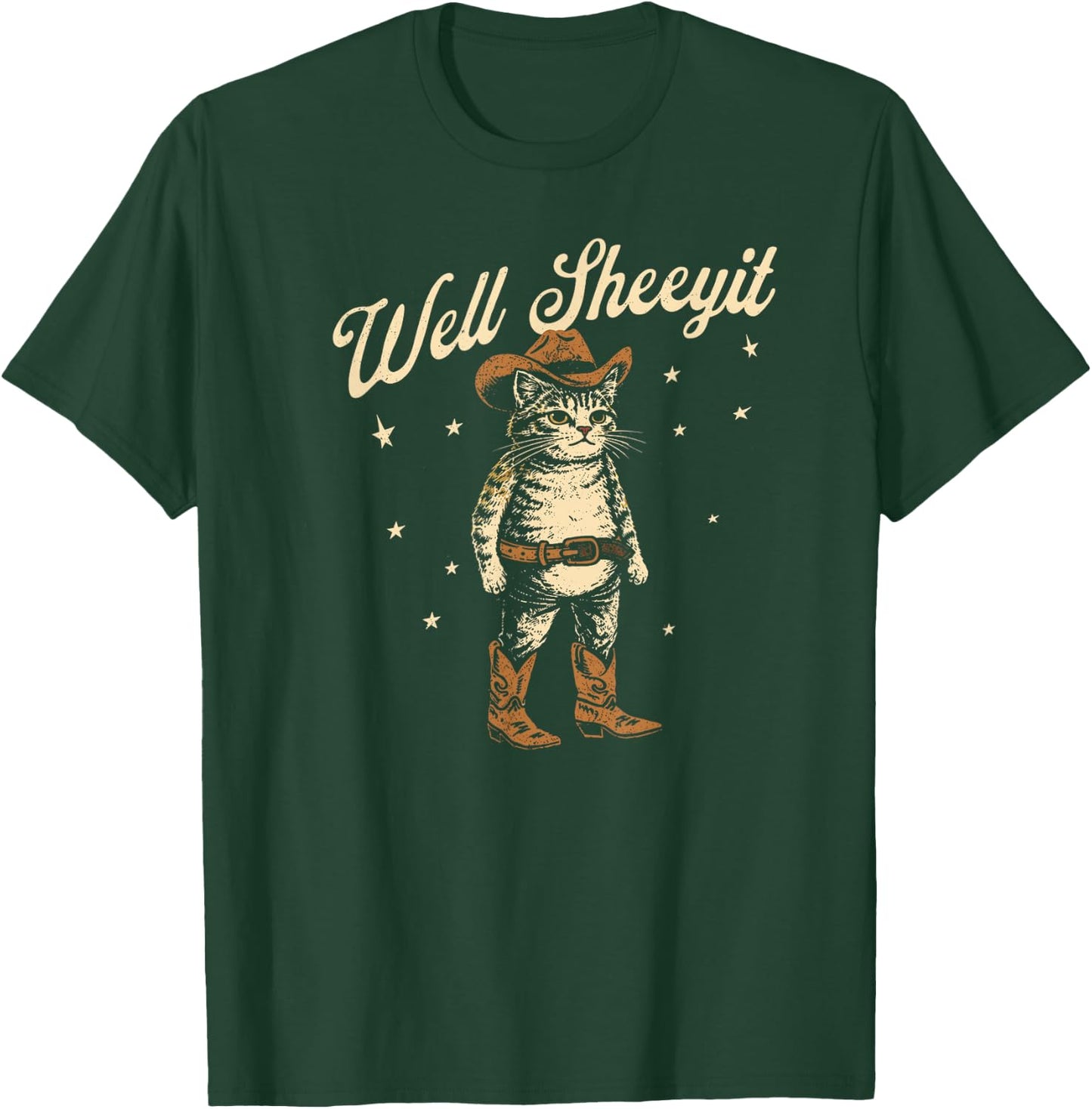 Well Sheeyit Funny Cowboy Cat Vintage Western Humor Art T-Shirt - T-Shirt | Forest