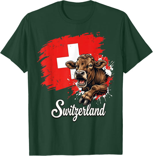 Swiss Cow Flag Switzerland Patriotic Design T-Shirt - T-Shirt | Forest