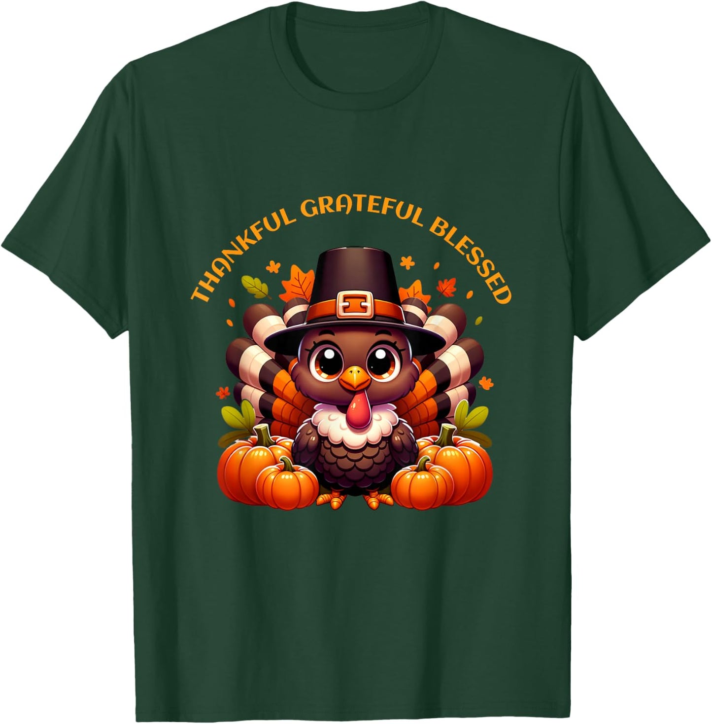 Thankful Grateful Blessed Cute Turkey Thanksgiving For Kids T-Shirt - T-Shirt | Forest
