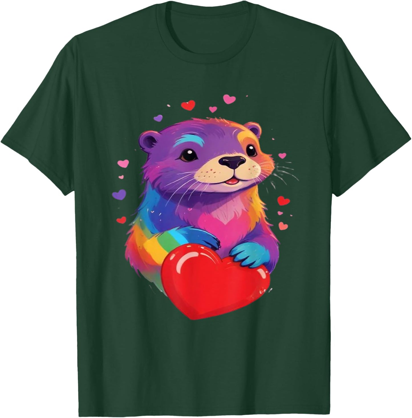 Otter Shirt - Otter Print Colorful Heart , Black, S T-Shirt - T-Shirt | Forest