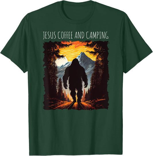 Jesus Coffee And Camping Bigfoot hiking mountains sunset T-Shirt - T-Shirt | Forest