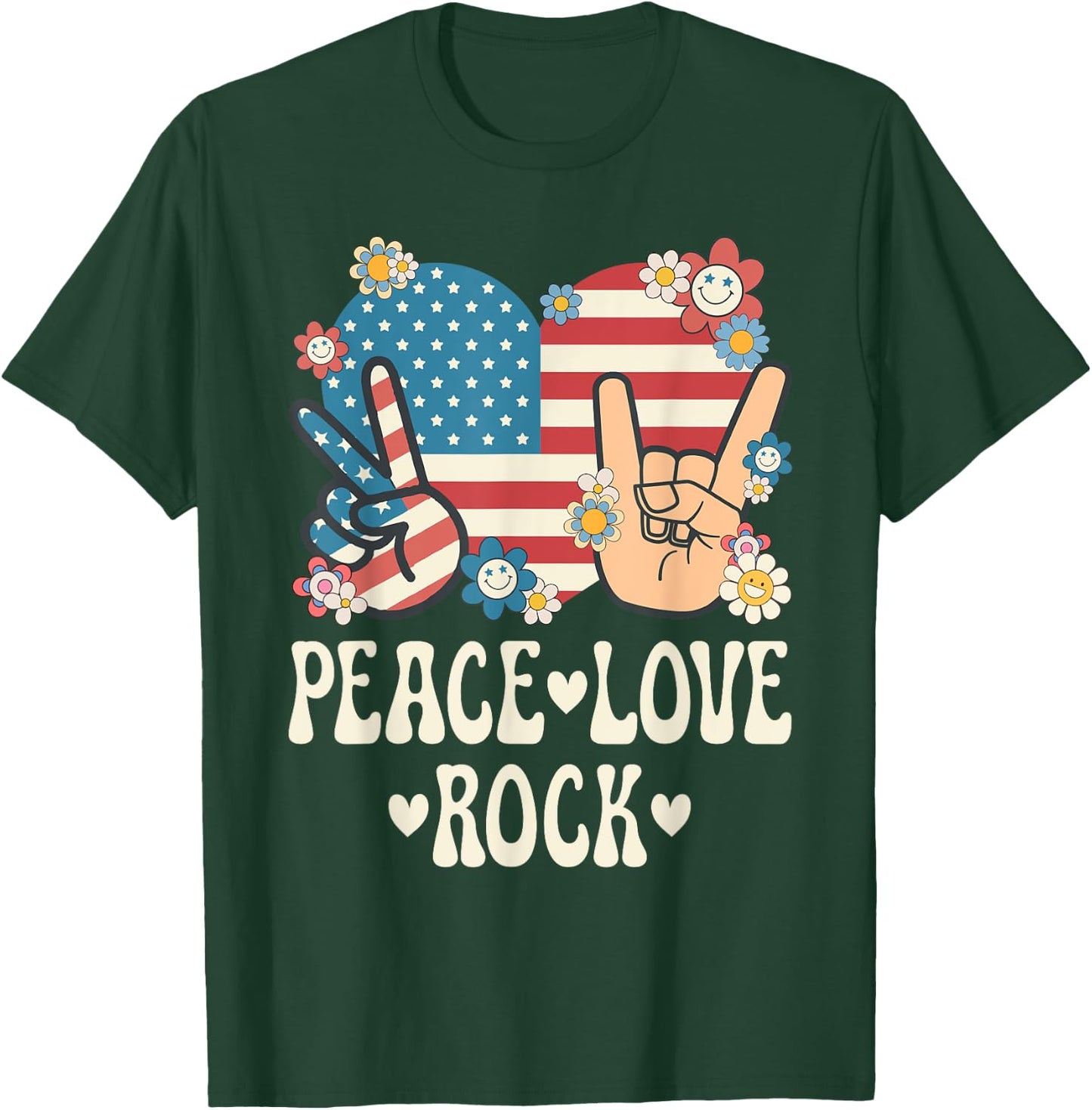 Peace Love Rock And Roll American Flag Patriotic Retro Rock T-Shirt - T-Shirt | Forest