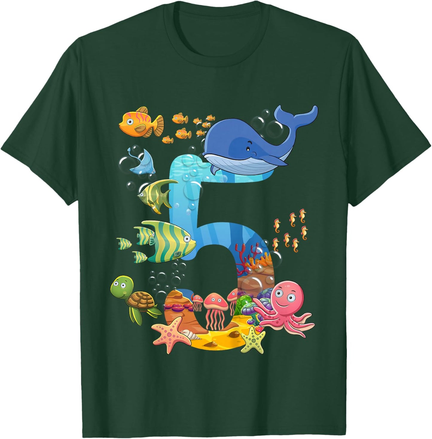5 Years Old Sea Fish Ocean Animal 5th Birthday Boy Girl T-Shirt - T-Shirt | Forest