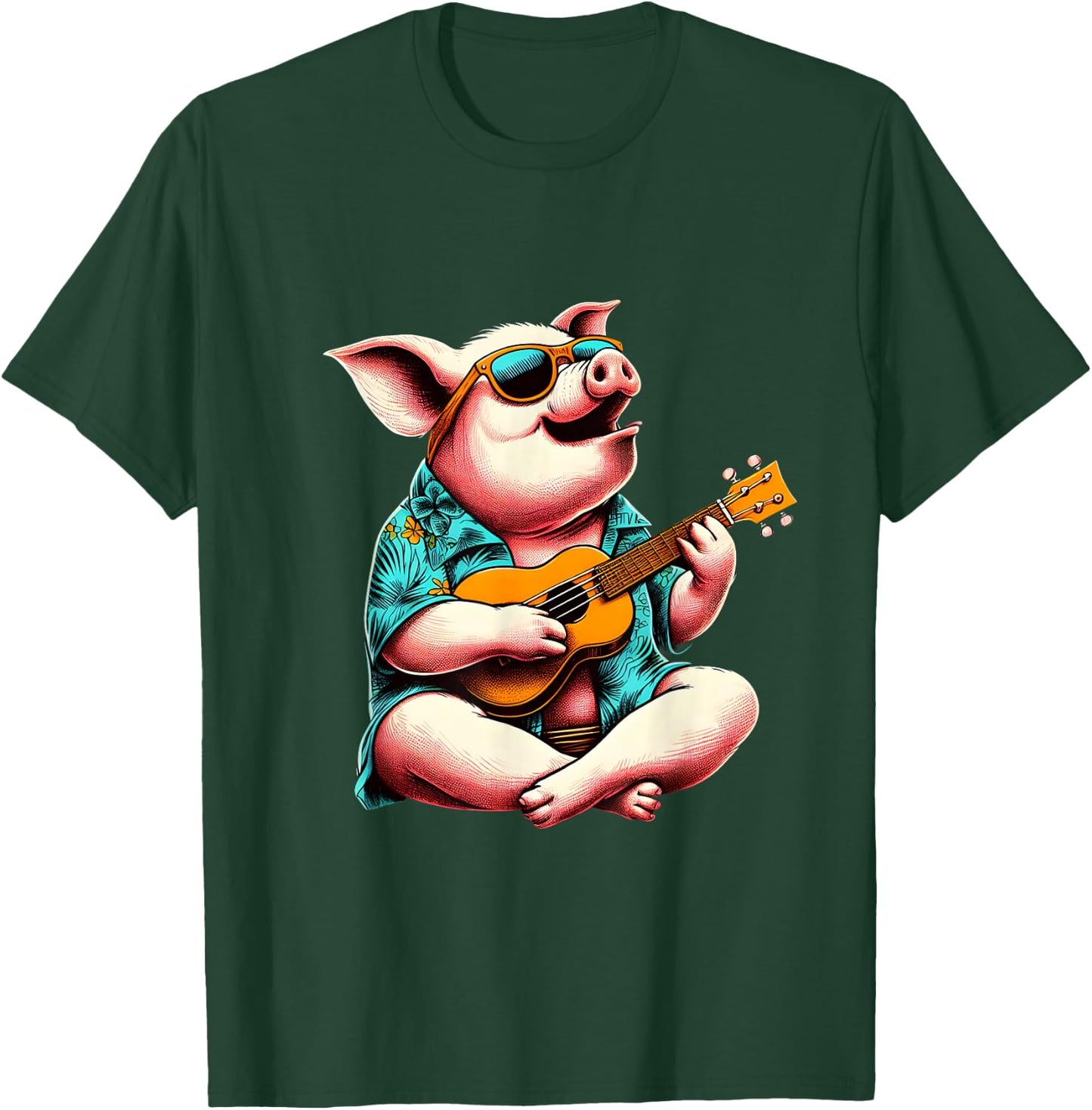Pig Wearing a Hawaiian Shirt, Playing a Ukulele T-Shirt - T-Shirt | Forest