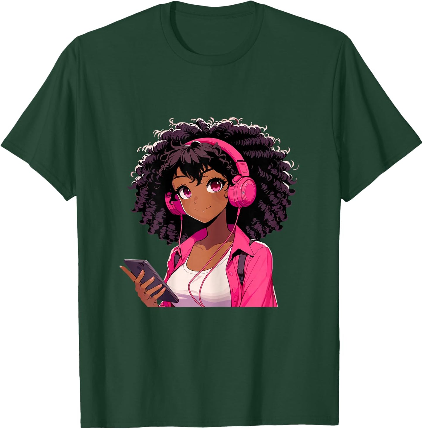 Black Girl Anime Music Headphones T-Shirt - T-Shirt | Forest