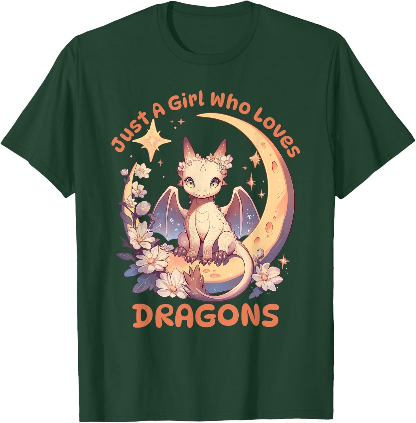 Just A Girl Who Loves Dragons Cute Dragon On Crescent Moon T-Shirt - T-Shirt | Forest