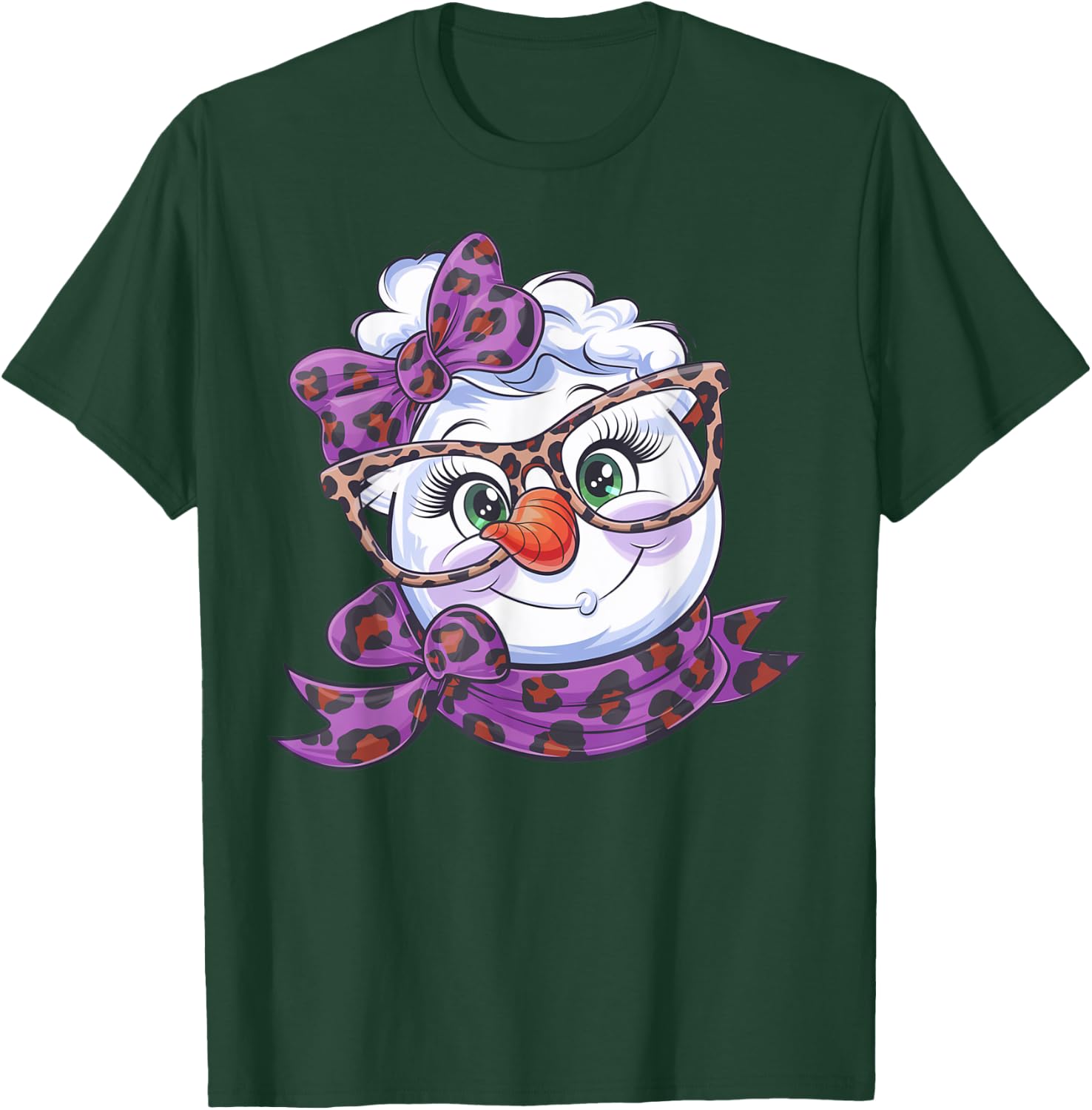 Winter Snowman Face Leopard Bow Eyelashes Black Classic Fit Short Sleeve XS T-Shirt - T-Shirt | Forest