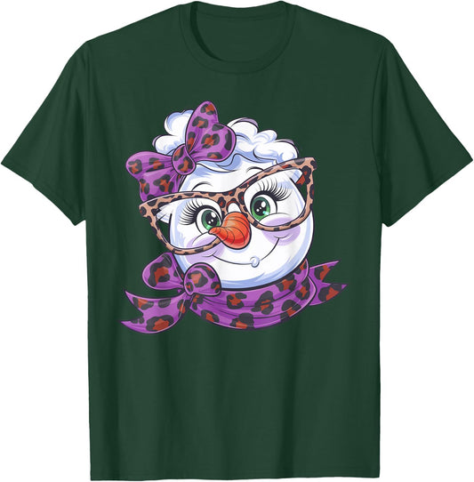 Winter Snowman Face Leopard Bow Eyelashes Black Classic Fit Short Sleeve XS T-Shirt - T-Shirt | Forest