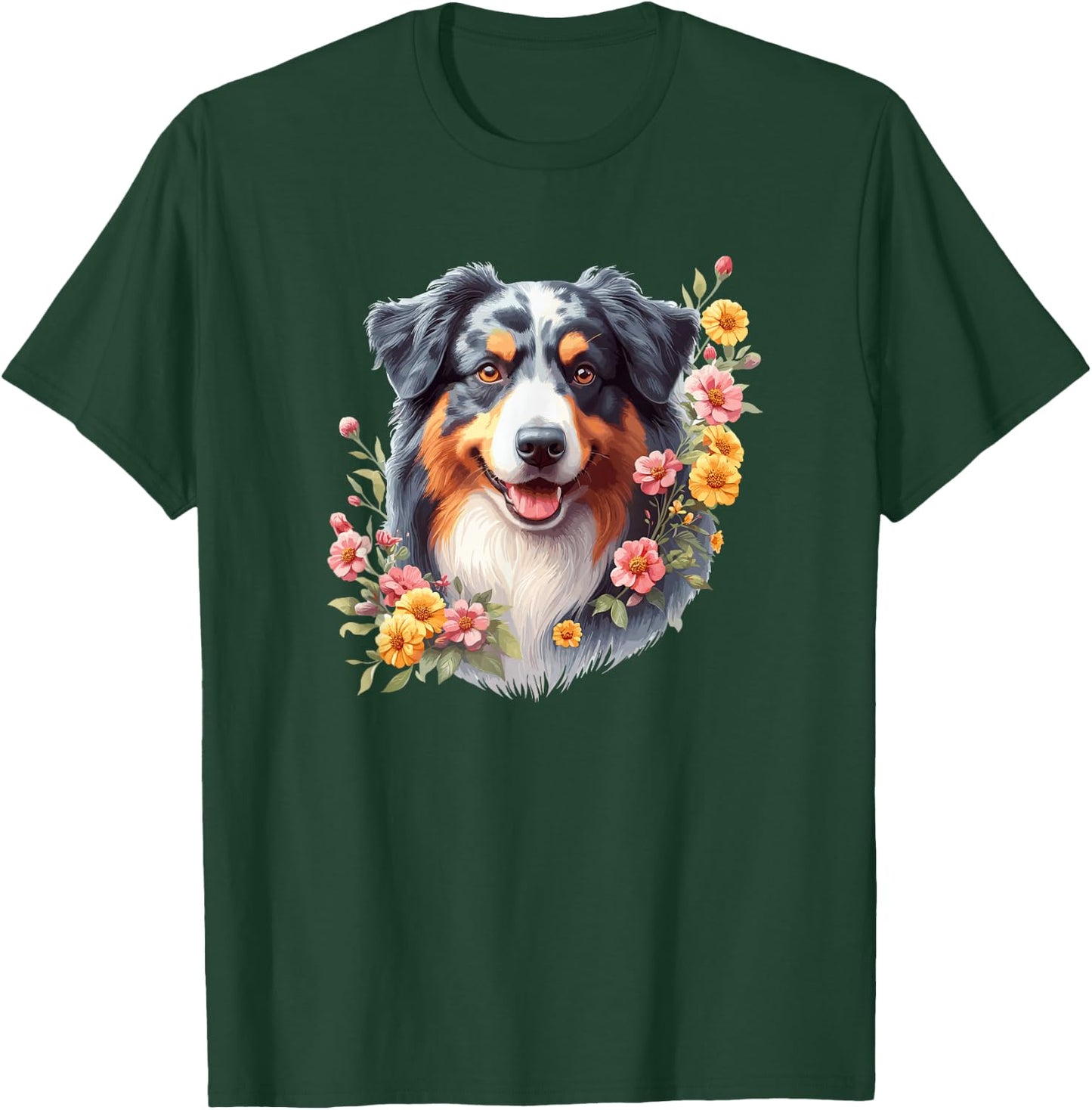 Cute Flowers Funny Floral Watercolor Blue Merle Aussie Lover T-Shirt - T-Shirt | Forest