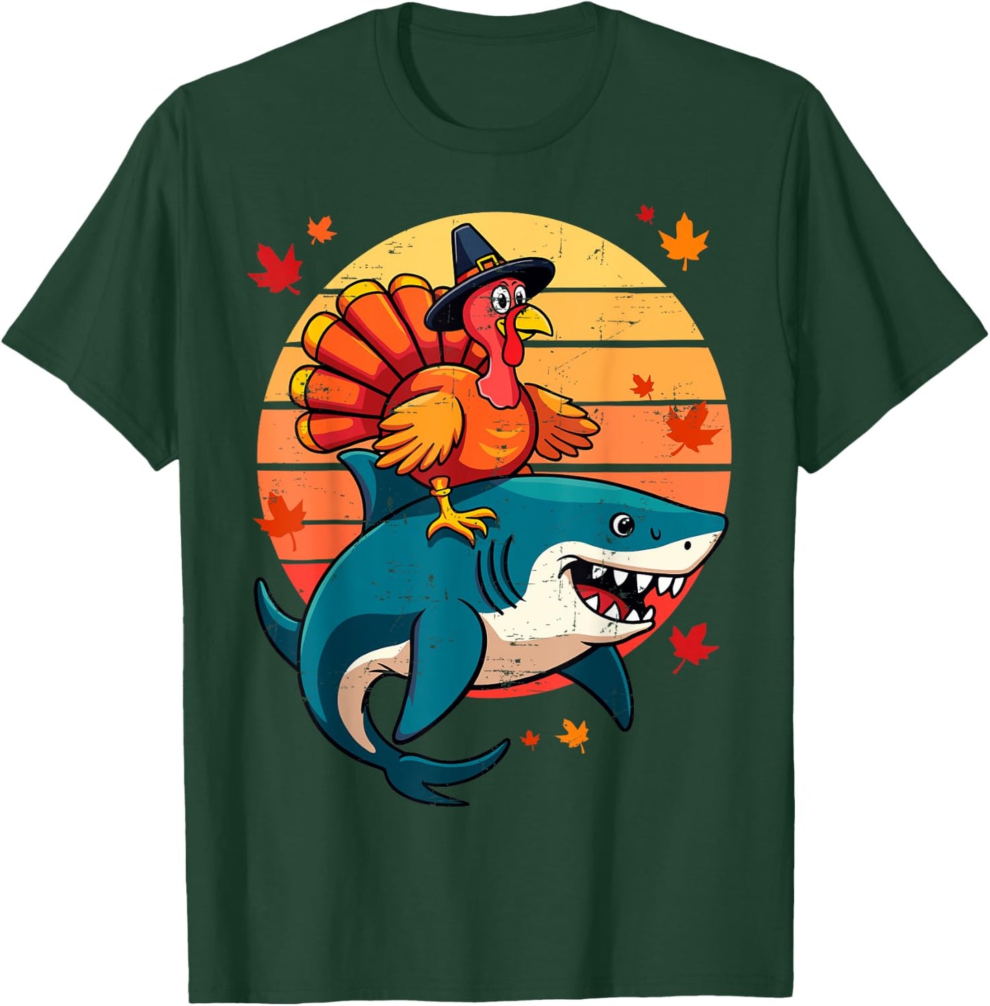 Funny Shark & Turkey Thanksgiving Day Kids Harvest Festival T-Shirt - T-Shirt | Forest