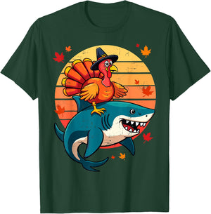 Funny Shark & Turkey Thanksgiving Day Kids Harvest Festival T-Shirt - T-Shirt | Forest