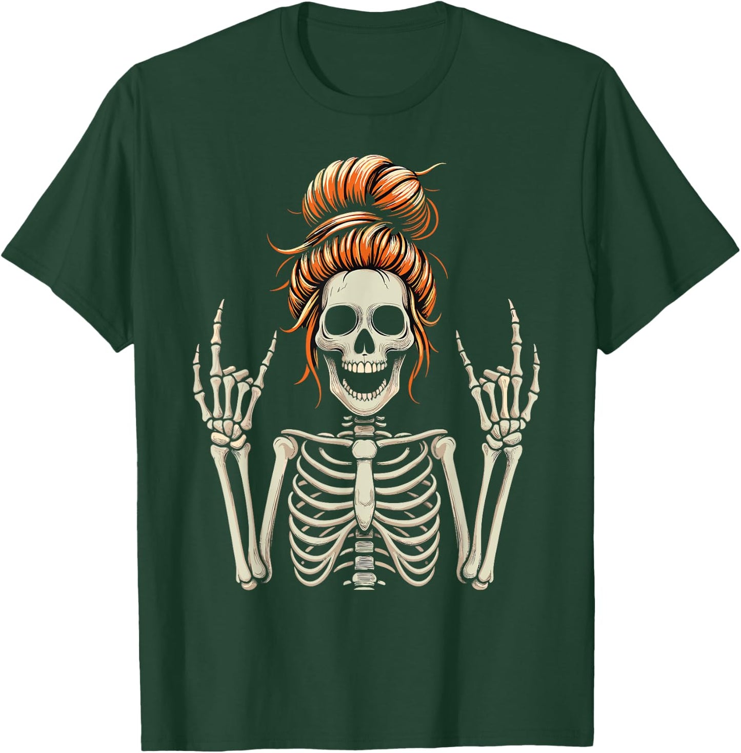 Rocker Messy Bun Skeleton Cool Halloween Punk Rock T-Shirt - T-Shirt | Forest