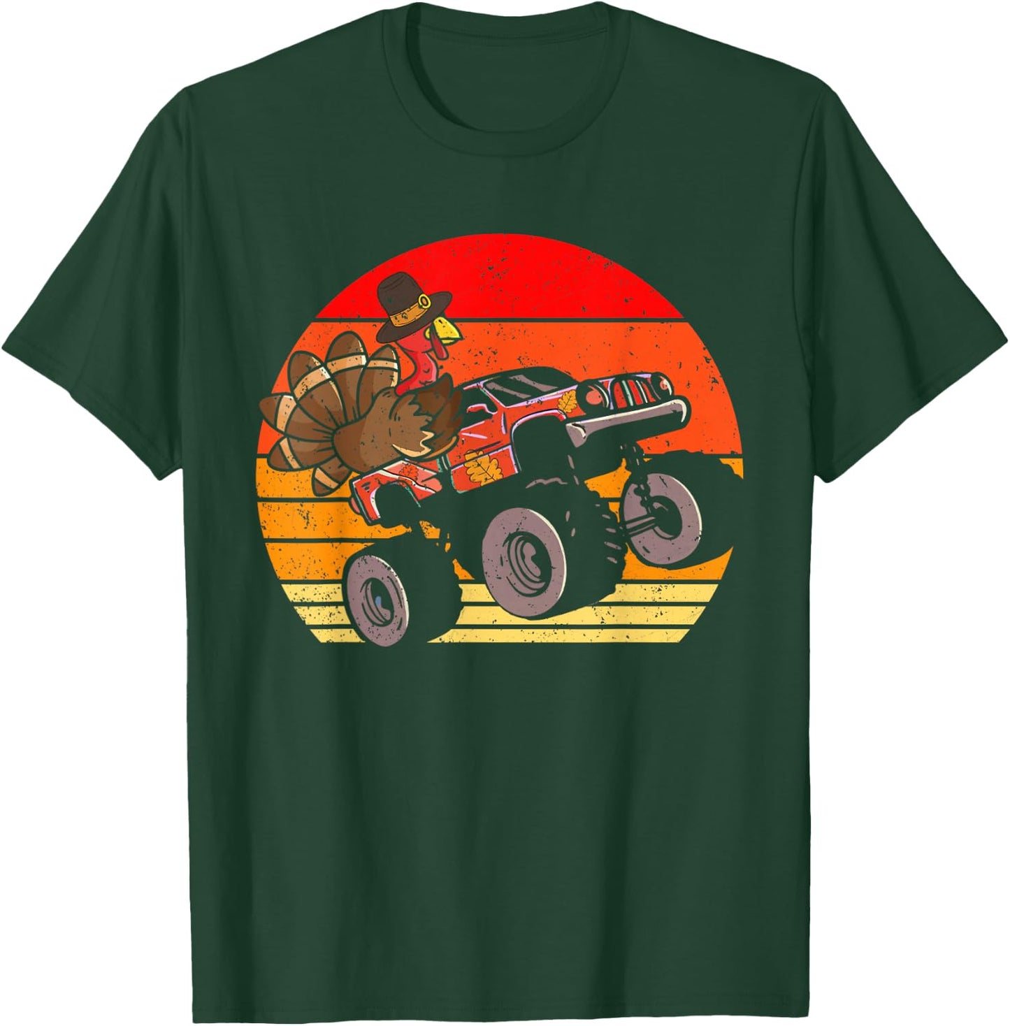 Boys Kids Thanksgiving Turkey Riding Monster Truck Vintage T-Shirt - T-Shirt | Forest