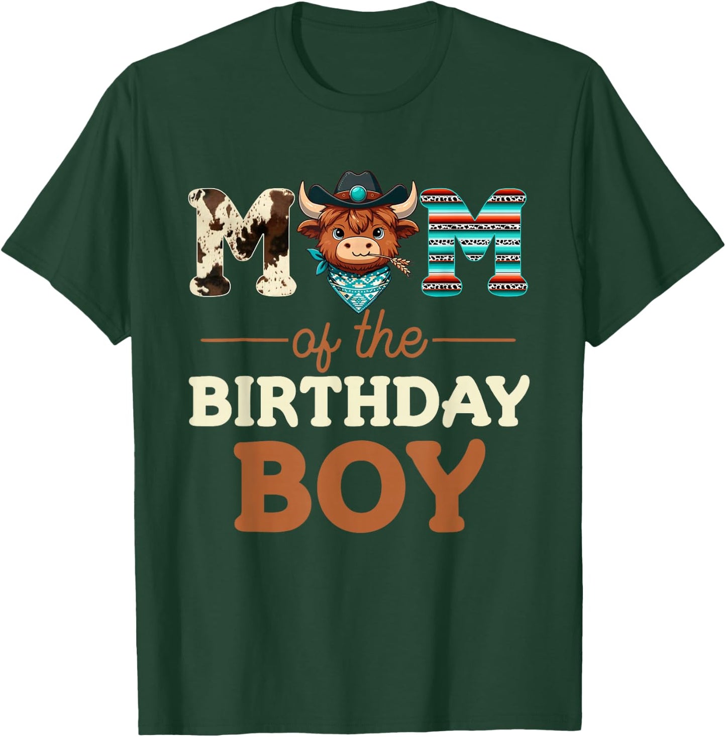Mom of The Birthday Boy Highland Cow Print First Bday T-Shirt - T-Shirt | Forest