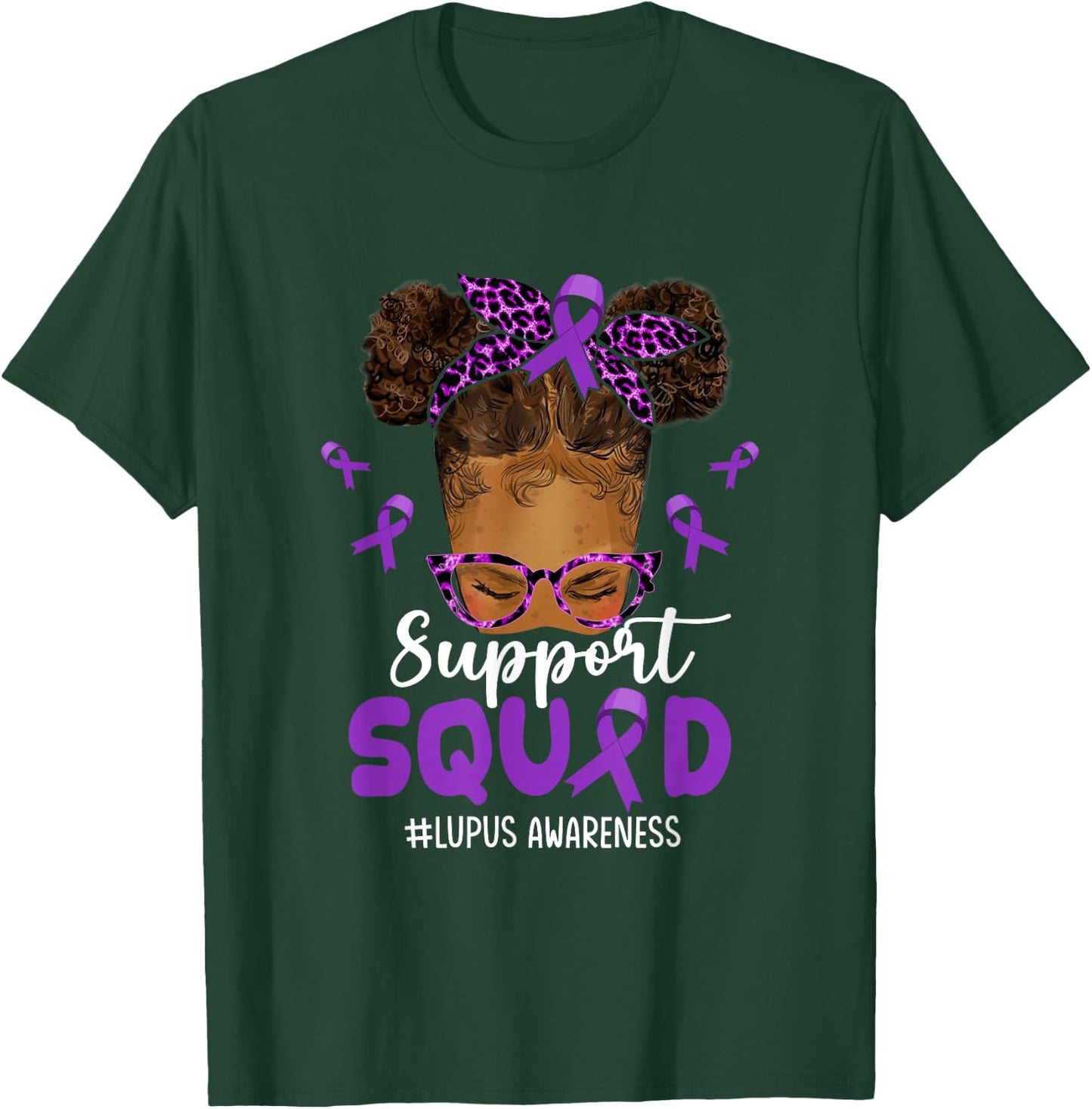 Support-Squad Afro Messy Bun Leopard Lupus Awareness T-Shirt - T-Shirt | Forest