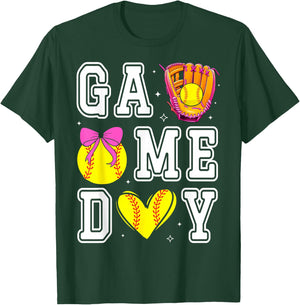 Softball Coquette Bow Softball Mom Game Day Softball Mama T-Shirt - T-Shirt | Forest
