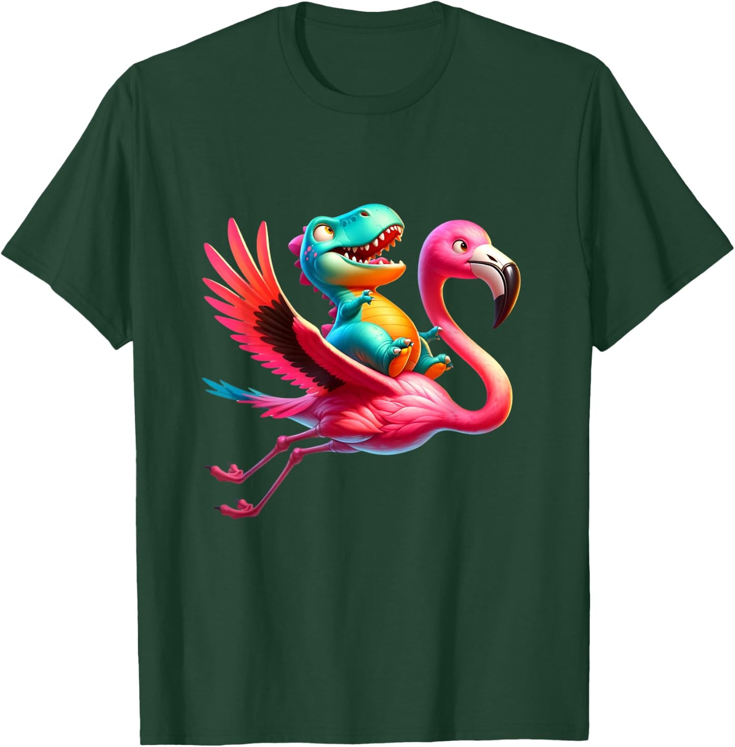 Cute T-Rex Dinosaur flying on a Flamingo Funny T-Shirt - T-Shirt | Forest