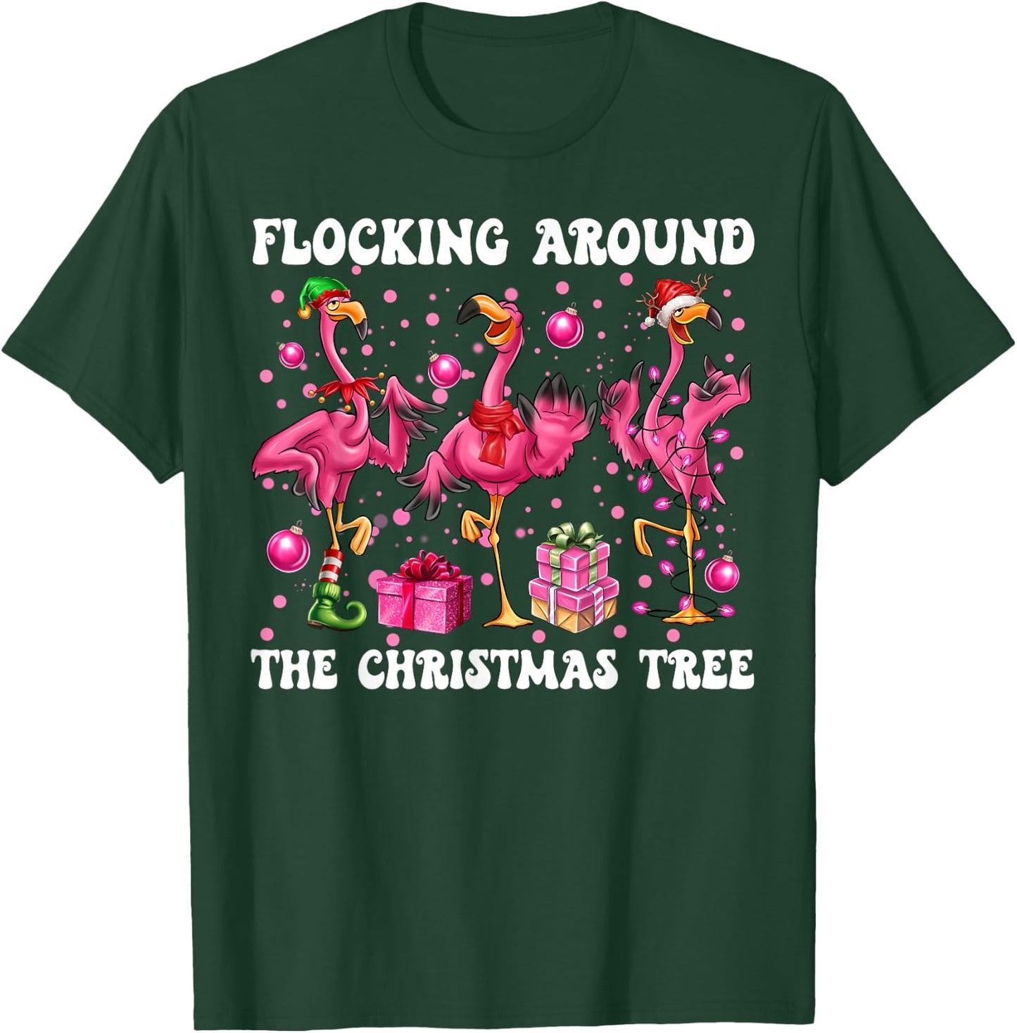 Flocking Around The Christmas Tree Flamingo Christmas Crew T-Shirt - T-Shirt | Forest