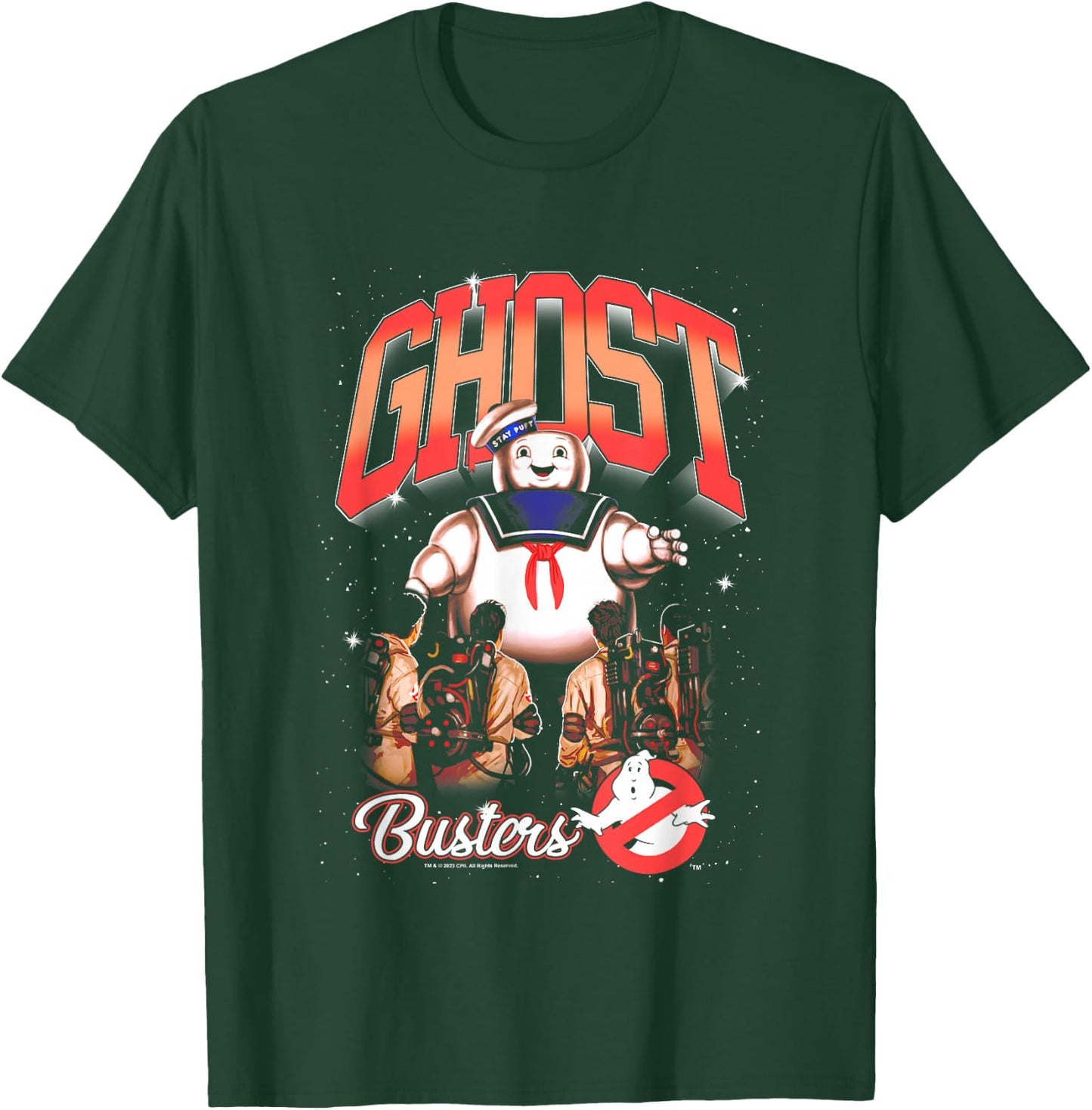 Ghostbusters Cute Stay Puft Loom Group Shot Retro Big Logo T-Shirt - T-Shirt | Forest