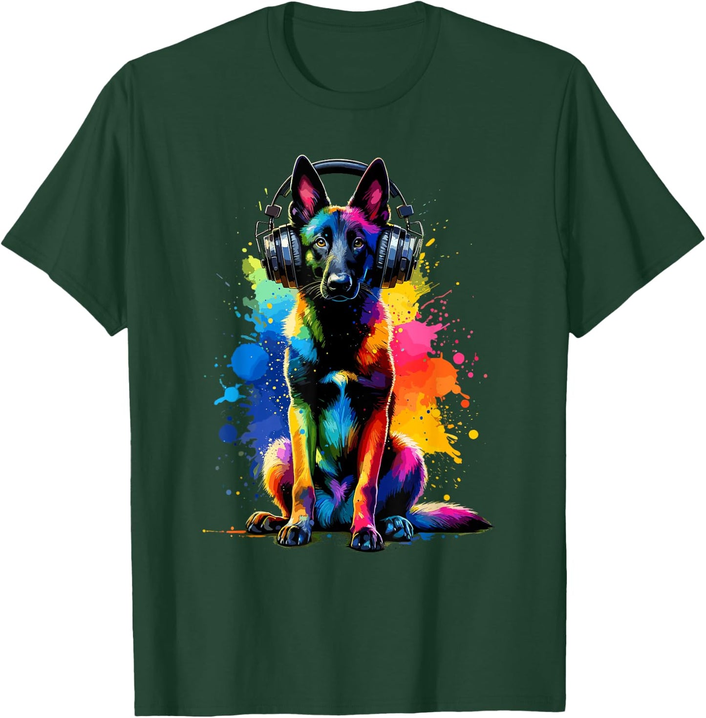 Splash Art Headphones Belgian Malinois Belgian Shepherd Dog T-Shirt - T-Shirt | Forest