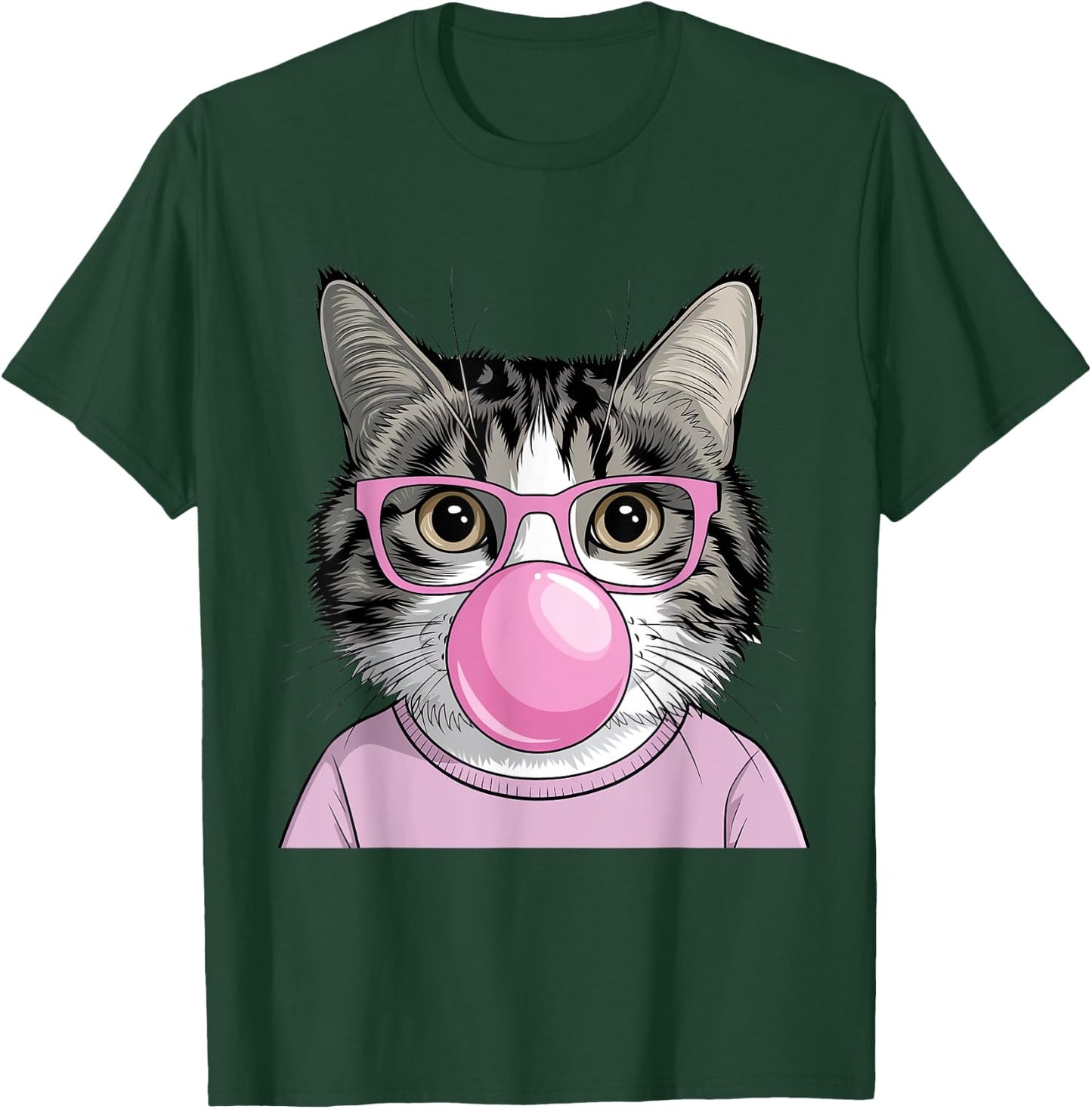 Funny Cat with Glasses Blowing Bubble Gum Cute Cat Women Girls Kids T-Shirt - T-Shirt | Forest
