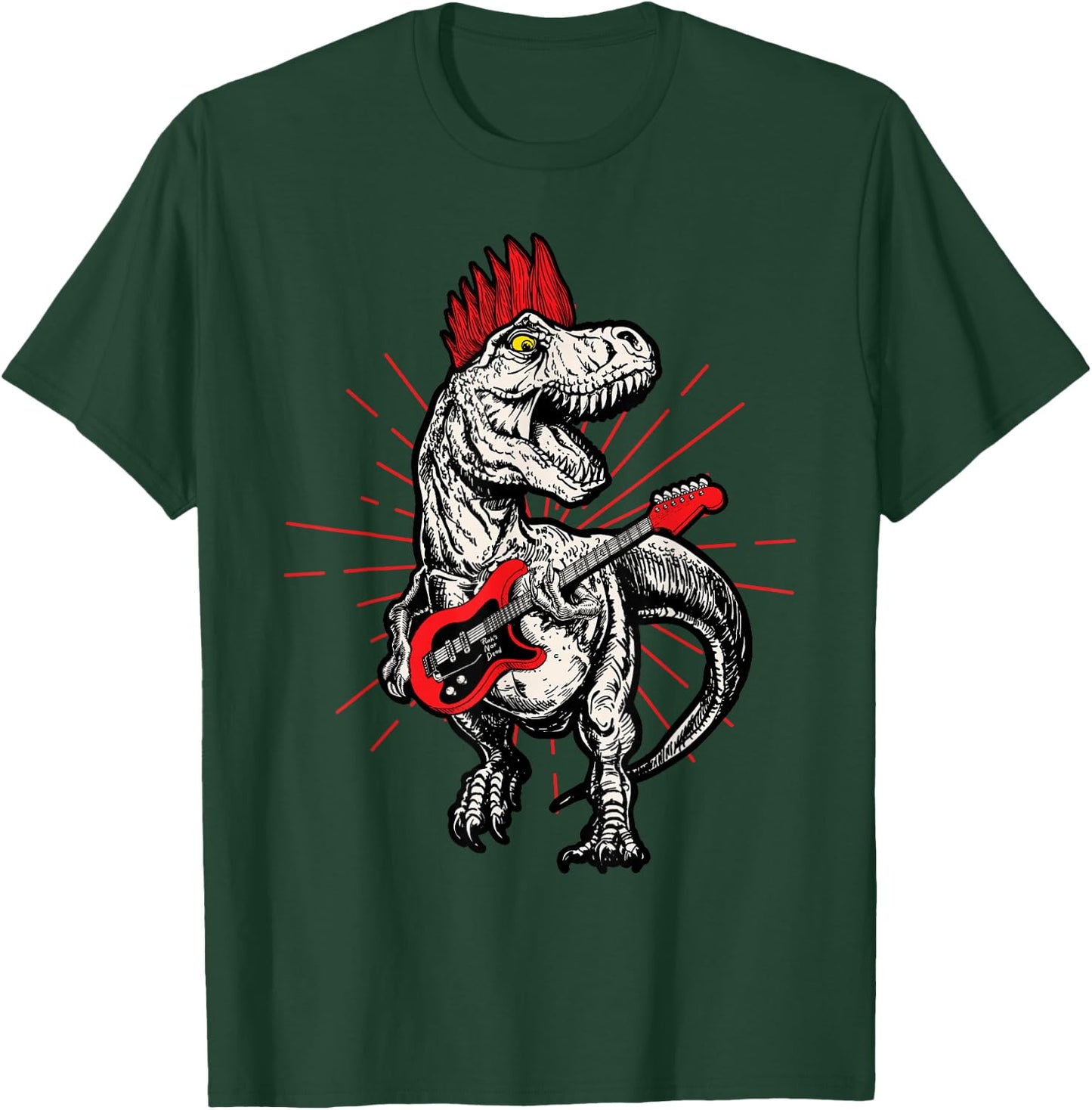 Punk Rock T-Rex Mohawk Playing Guitar Rock n' Roll Dinosaur T-Shirt - T-Shirt | Forest