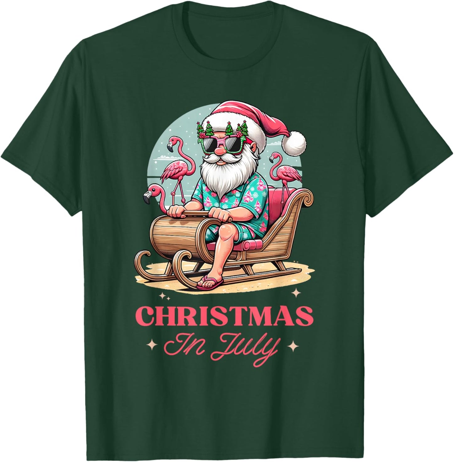 Fun Christmas in July Summer Santa Flamingo Sleigh Christmas , Black, S T-Shirt - T-Shirt | Forest