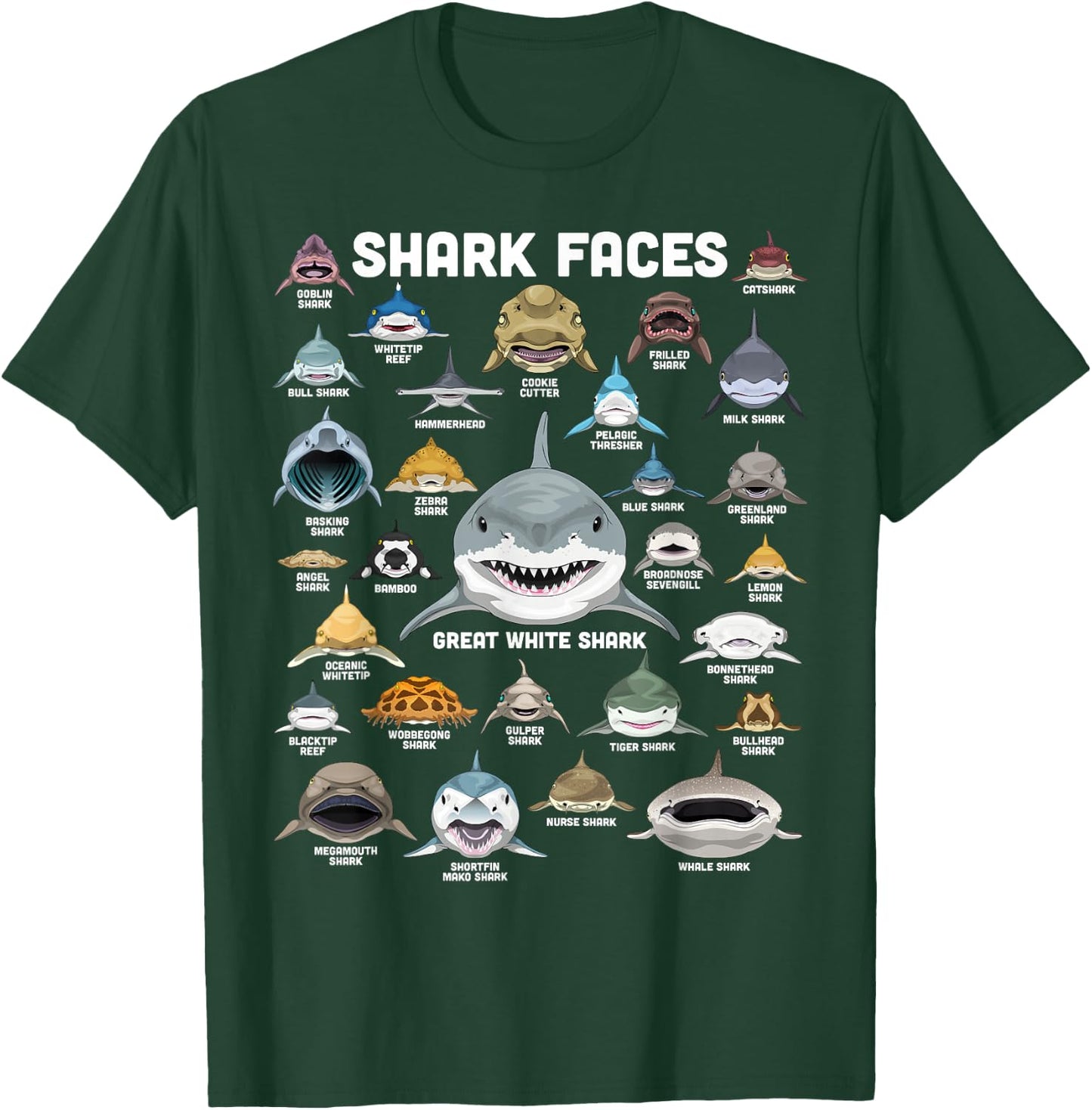 Shark Faces Shirt Shark Types Funny Biology Navy Shark , Black, S T-Shirt - T-Shirt | Forest