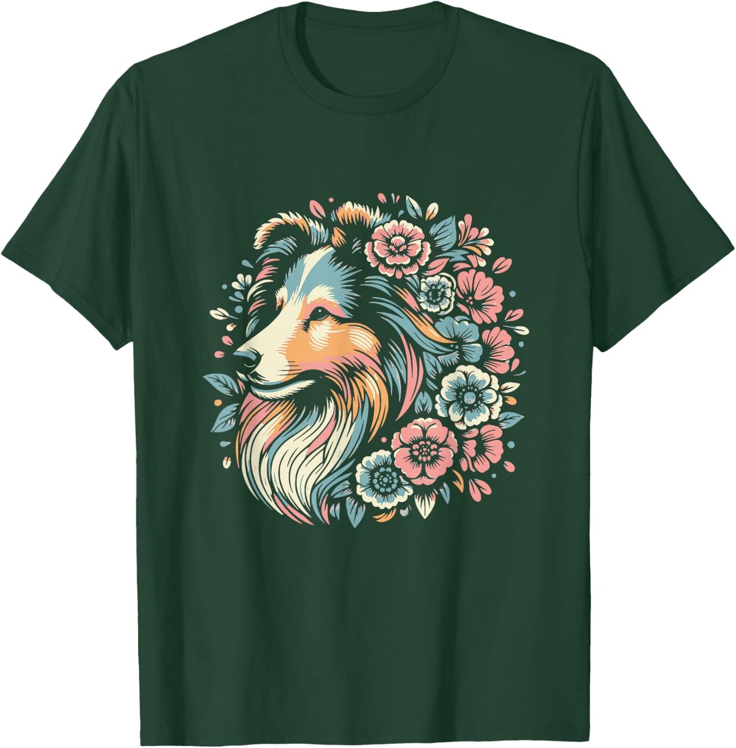 Floral Shetland Sheepdog Dog Flower Sheltie Graphic Design T-Shirt - T-Shirt | Forest