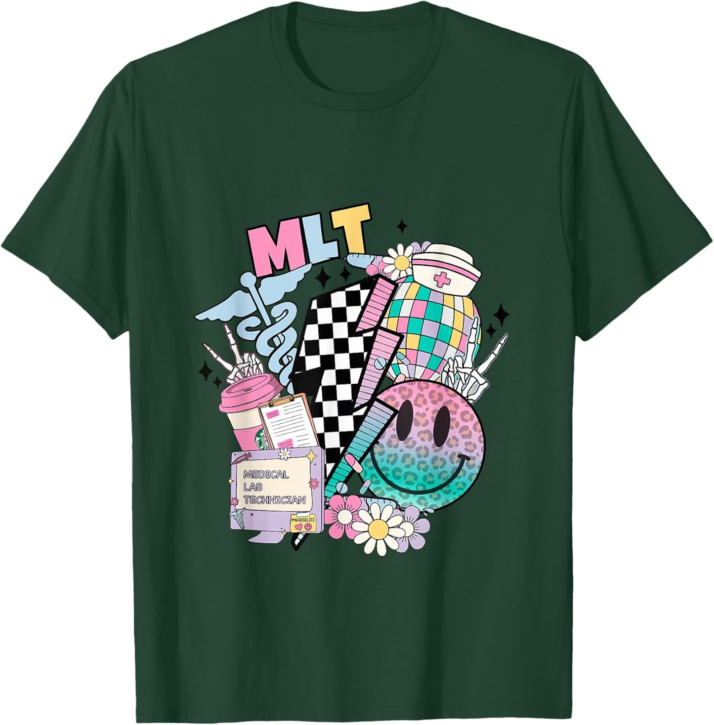 Smile face MLT Medical Laboratory Technician Stethoscope T-Shirt - T-Shirt | Forest