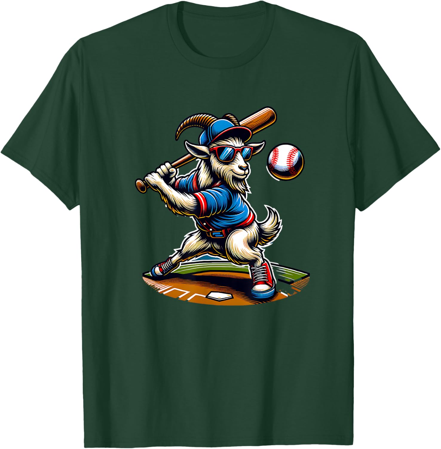 Goat Baseball Player With Bat And Ball Cool Animal Sports T-Shirt - T-Shirt | Forest