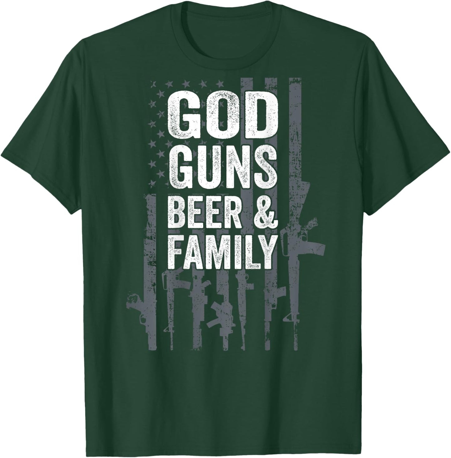 GOD GUNS BEER & FAMILY - USA Flag Drinking Gift - ON BACK T-Shirt - T-Shirt | Forest